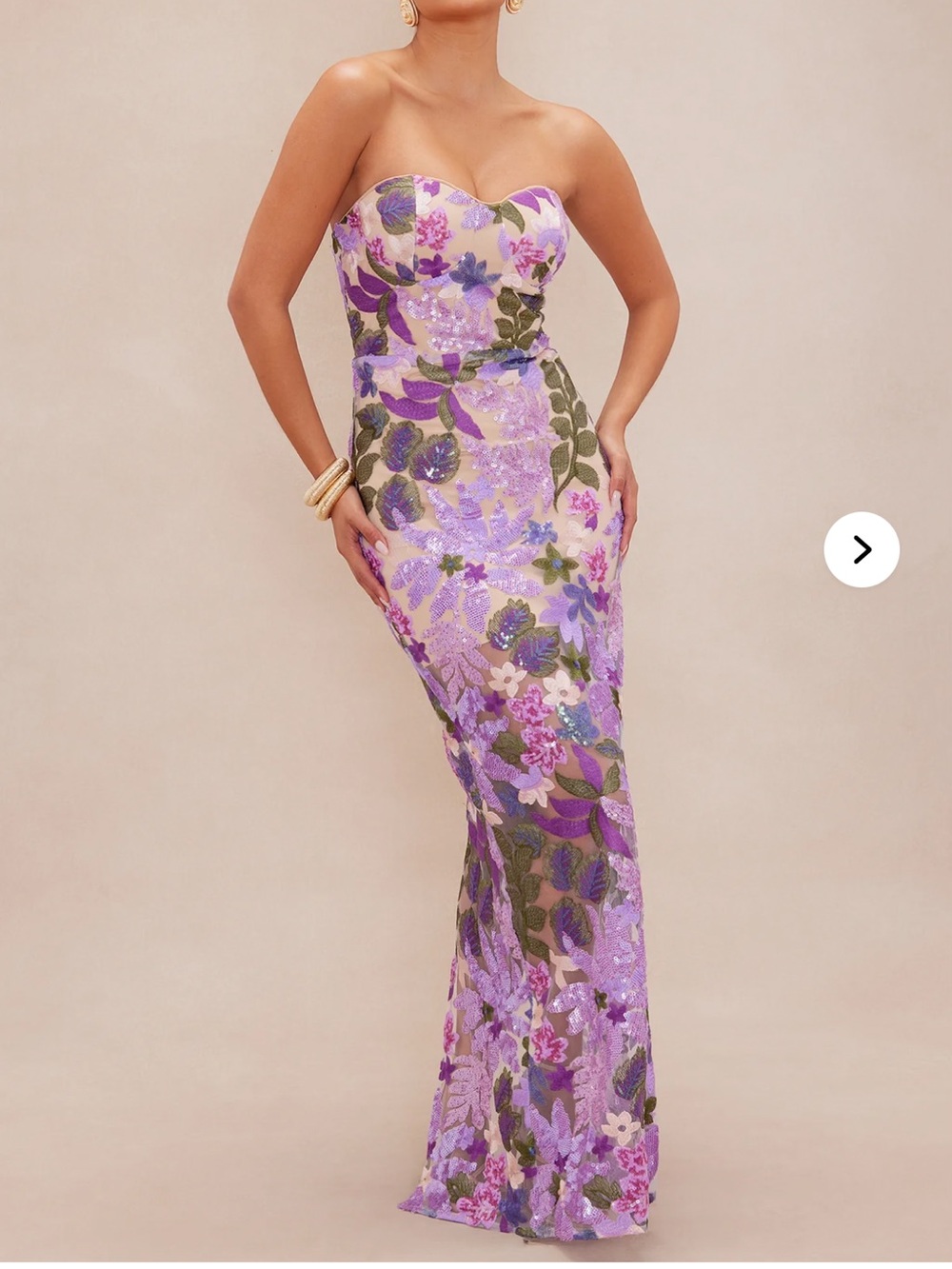 Strapless Lavender Floral Sequin Embroidered Maxi Dress